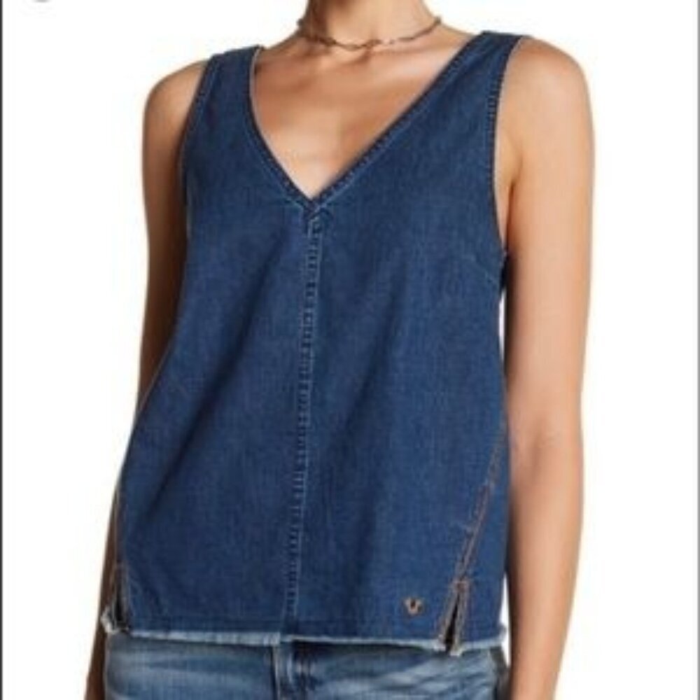 True Religion Blue Denim Distressed Hem Sleeveless Top